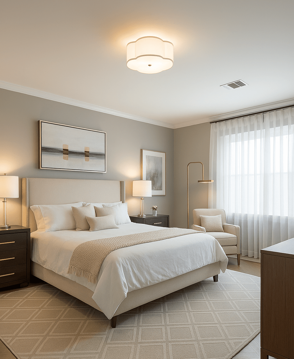 Modern bedroom interior in neutral tones with upholstered bed, warm layered lighting, and elegant furniture arrangement.