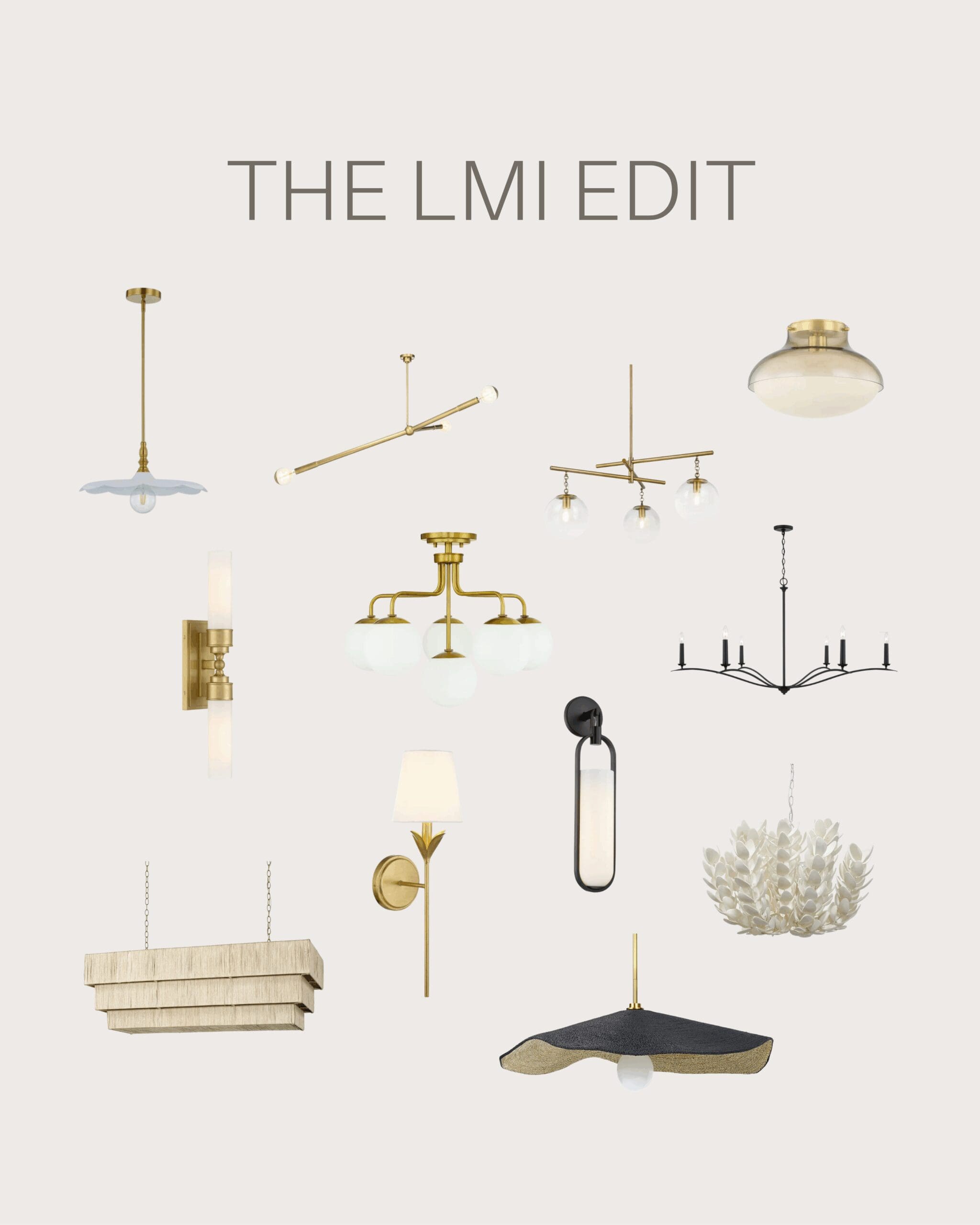 Selection of designer light fixtures curated by Lynn Madyson Interiors, featuring modern chandeliers, sconces, and pendants in brass, black, and neutral finishes.