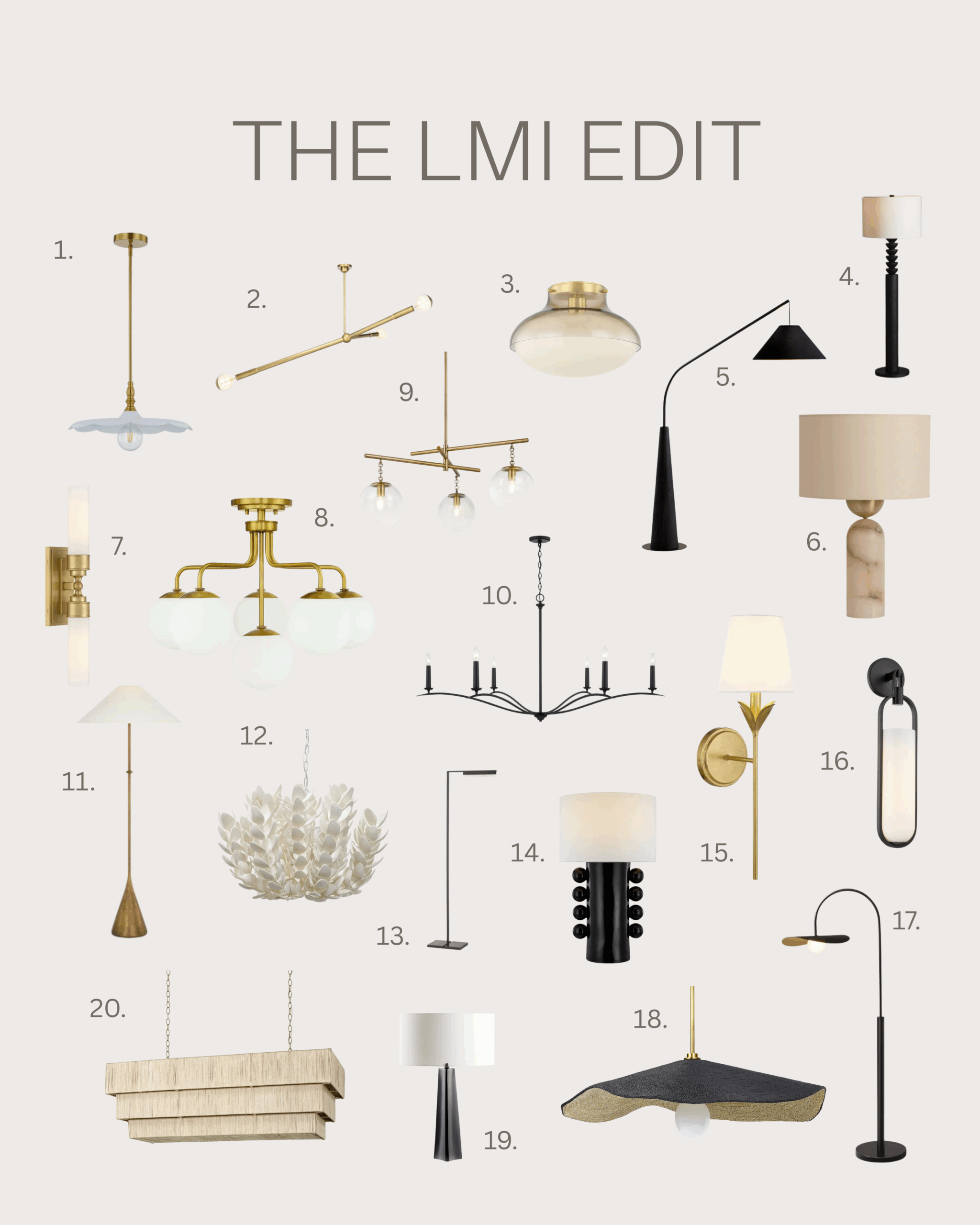The LMI Edit curated lighting collection featuring ceiling lights, chandeliers, sconces, table lamps, and floor lamps in modern and timeless designs.