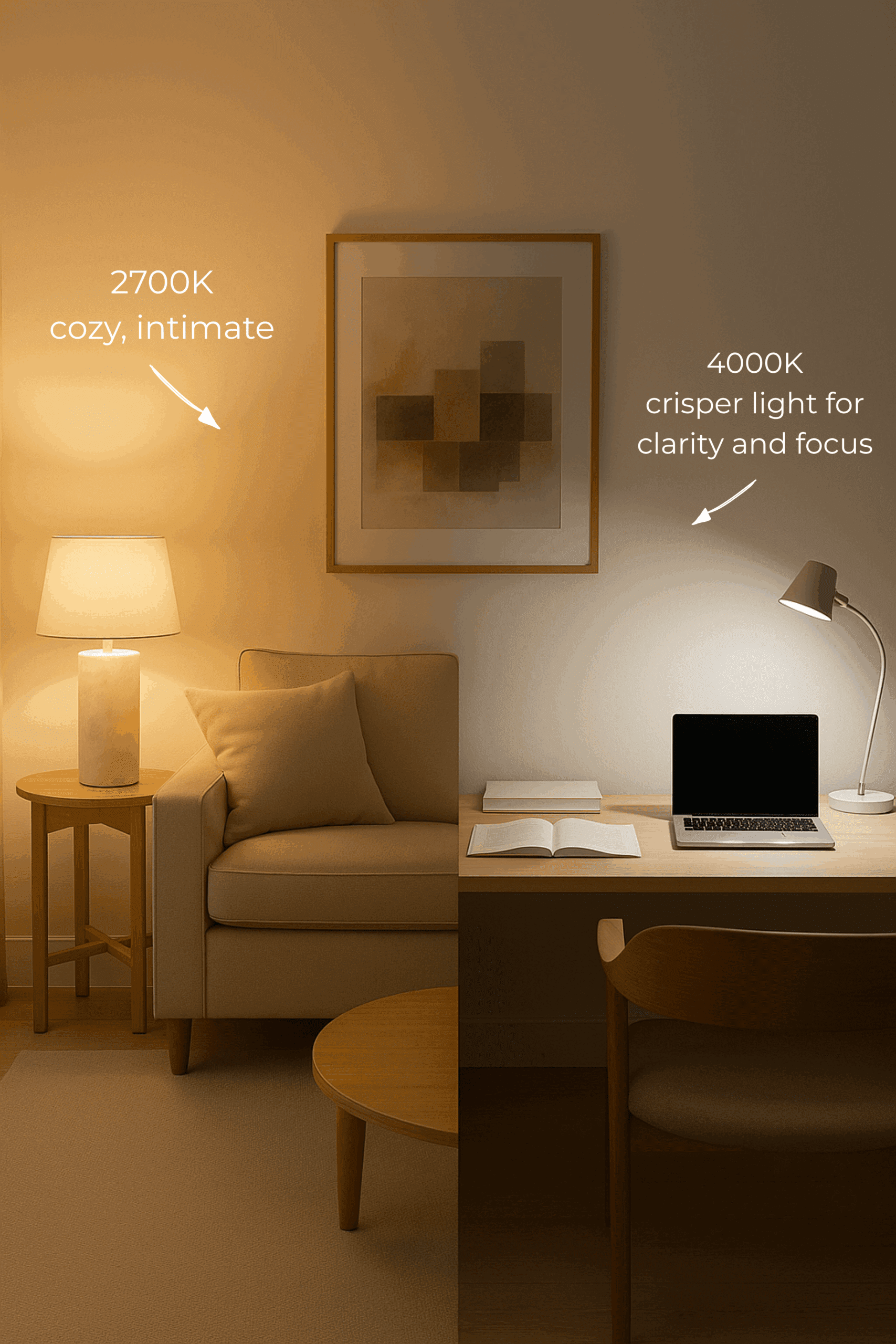 Split-view of modern living and workspace showing 2700K warm light for coziness and 4000K+ cool light for clarity, illustrating interior lighting design concepts.