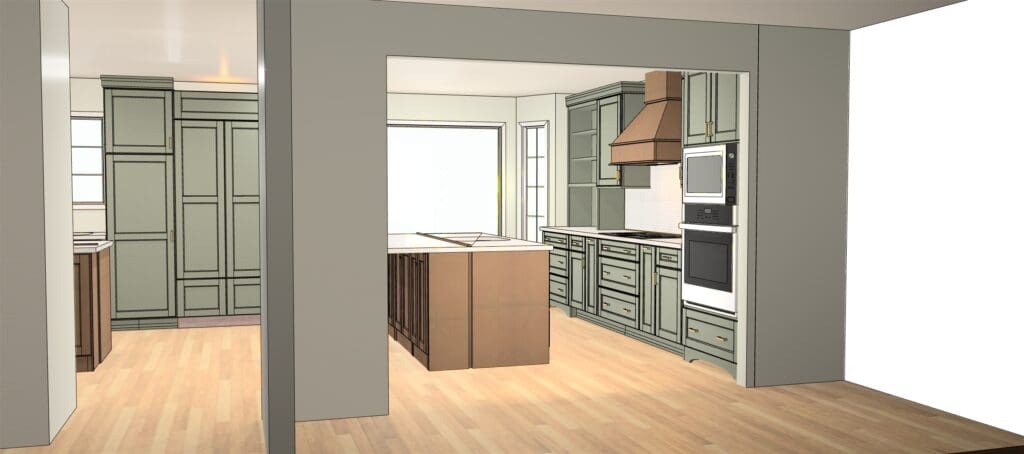 3D kitchen design rendering featuring custom sage green cabinetry, a central island, built-in wall ovens, and a statement copper range hood in a luxury residential renovation by Lynn Madyson Interiors.